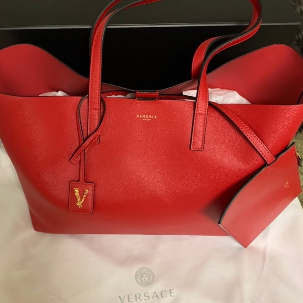 Versace Red Pebbled Leather Tote with Gold 'V' Tag and Pouch